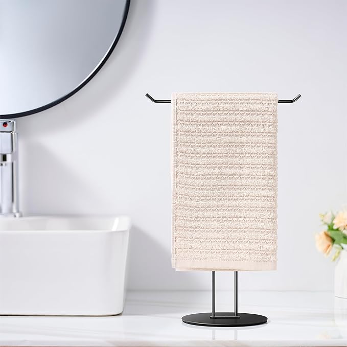 T-Shaped Hand Towel Holder Stand – Countertop Stainless Steel Towel Rack with Non-Slip Base for Bathroom, Kitchen, Vanity, Matte Black