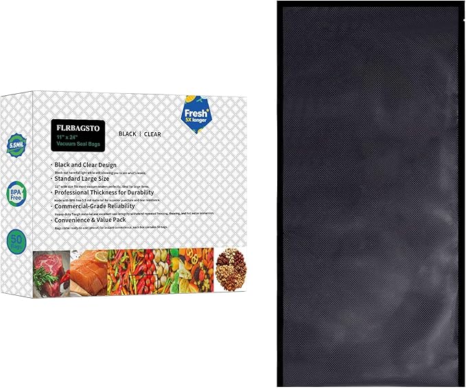 FLRBAGSTO All Black Vacuum Sealer Bags 11" x 24", 5.5 Mil Precut Vacuum Seal Bags for Food Storage, Sous Vide, and Meal Prep, Heavy Duty Commercial Grade, 50 Count