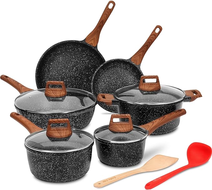 ESLITE LIFE Nonstick Cookware Sets, 9 Pcs Granite Coating Pots and Pans Set Kitchen Cooking Set, Compatible with All Stovetops (Gas, Electric & Induction), PFOA Free, Black