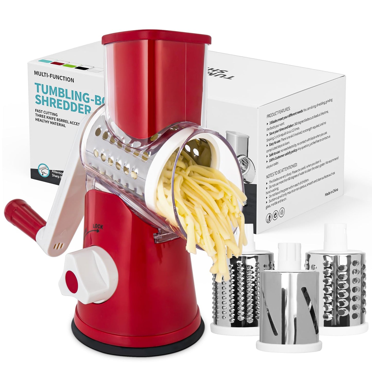 X Home Rotary Cheese Grater for Kitchen, Shredder with 3 Interchangeable Blades, Rotary Grater with Handle and Strong Suction Base, for Vegetables, Fruit, Nuts, Easy to Use and Clean, Black