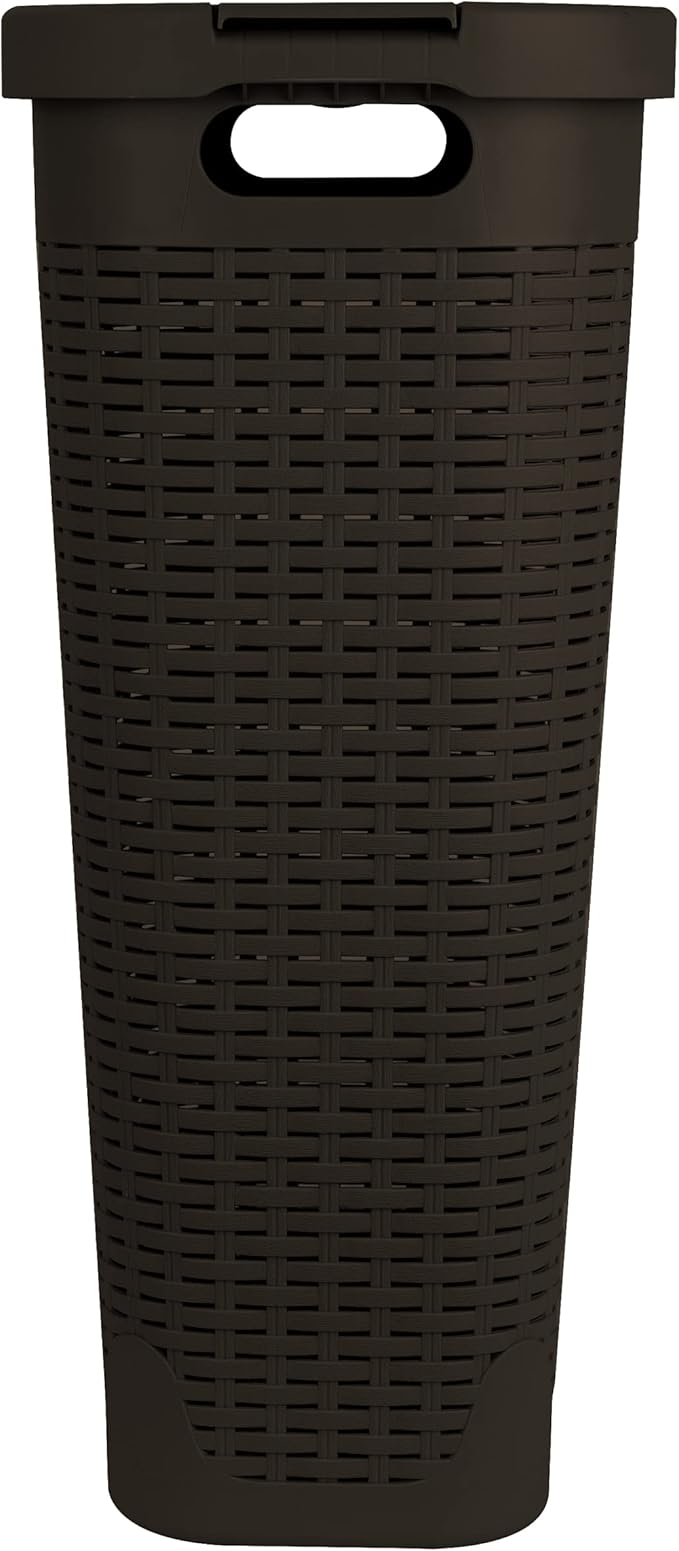 Mind Reader Slim Laundry Hamper with Lid, 40L Clothes Basket, Premium Wicker Design, Plastic, Brown