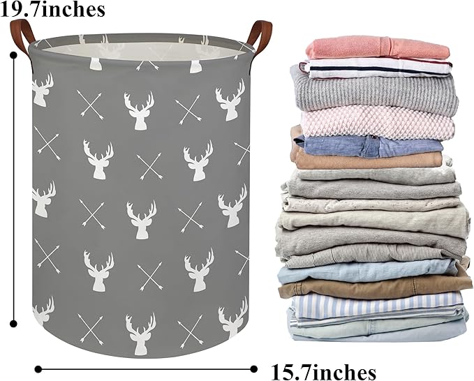HIYAGON Large Storage Baskets,Waterproof Laundry Baskets,Collapsible Canvas Basket for Storage Bin for Kids Room,Toy Organizer,Home Decor,Baby Hamper(Grey deer)