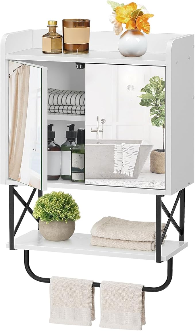 HOOBRO Medicine Wall Cabinet with Mirror, Bathroom Storage Cabinet with Hidden Space and Towel Bar, Double Mirrored Doors, Detachable Shelf, for Bathroom, Living Room, White BW41CW01