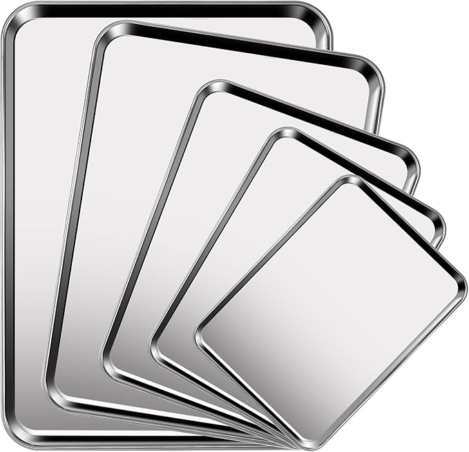 Baking Sheet Set of 5, Stainless Steel Cookie Sheet Baking Sheet Pan, 9/10/12/16/18 Inch, Non Toxic & Heavy Duty & Easy Clean,Duty Nonstick Bakeware Set for Oven Cooking