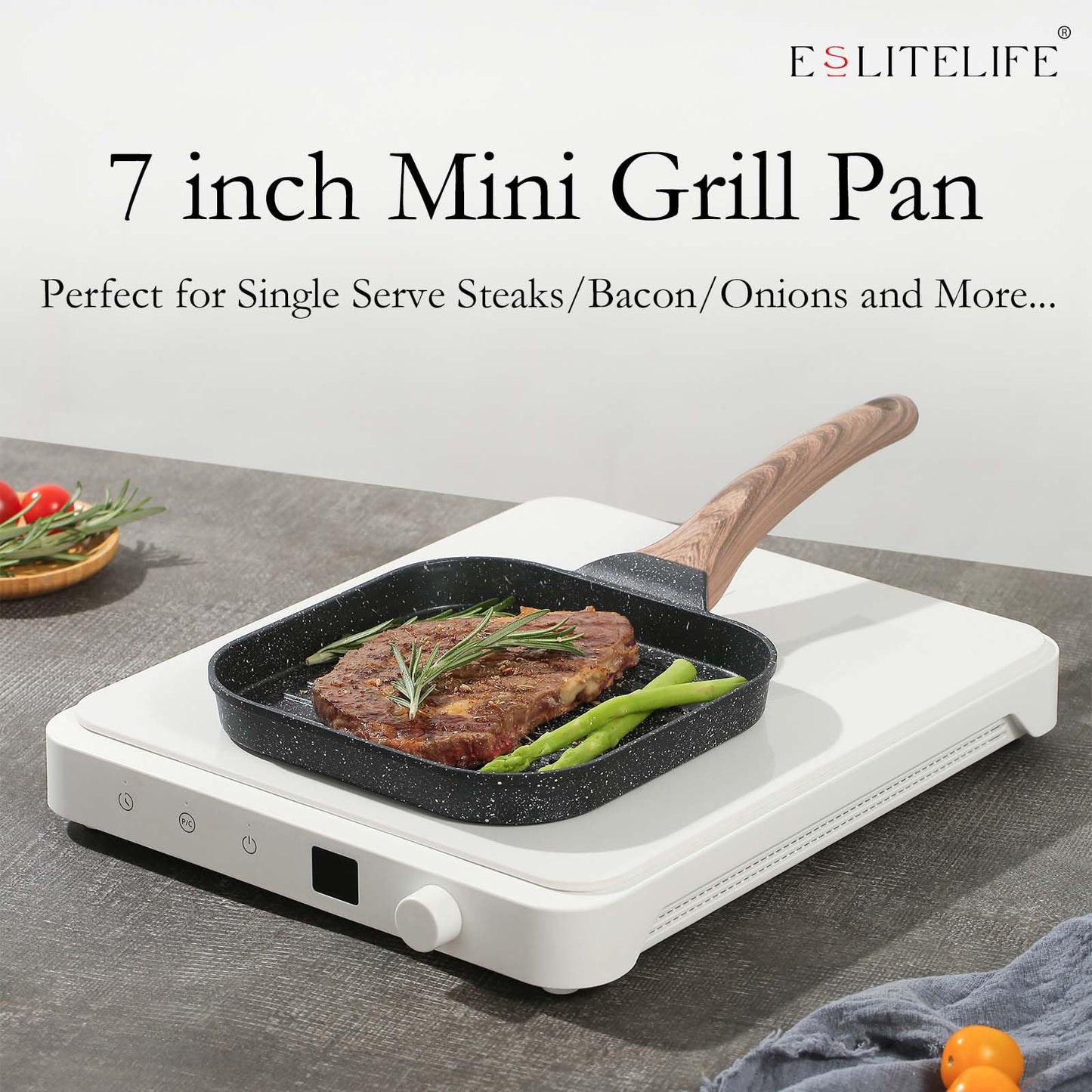 ESLITE LIFE Nonstick Grill Pan for Stove Tops, Versatile Griddle with Pour Spouts, 9.5 Inch Square Big Grilling Skillet Steak Pan for Indoor & Outdoor Cooking, PTFE & PFOA Free, Black
