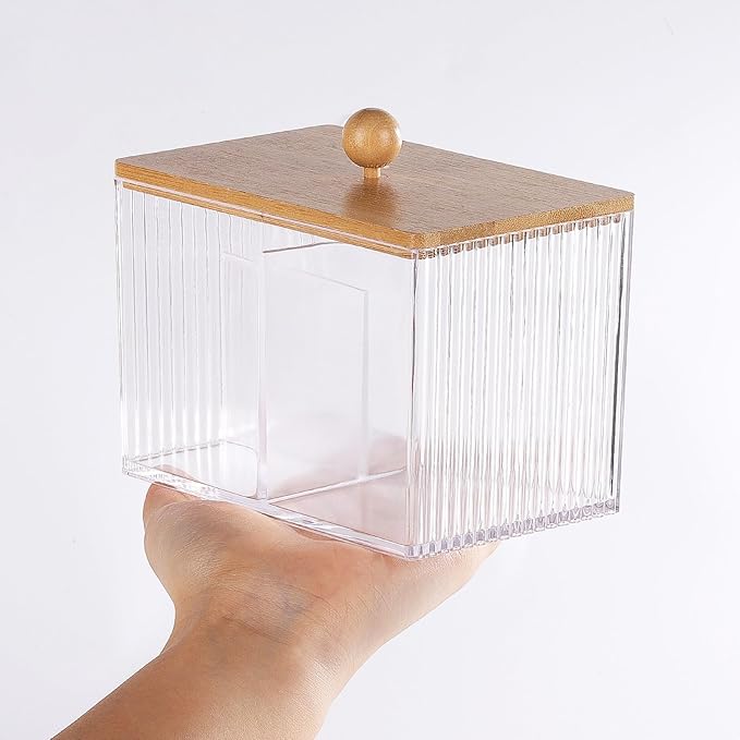 Ohlove Qtip Holder with Bamboo Lids, 3 Compartments Cotton Ball/Swabs Dispenser, Apothecary Jar Clear Plastic Bathroom Container for Storage and Organizer