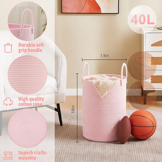 Laundry Basket,Woven Cotton Rope Laundry Hamper,40L for Decorative Storage of Dirty Clothes,Toys and Blankets in Bathroom,Baby Room and Living Room