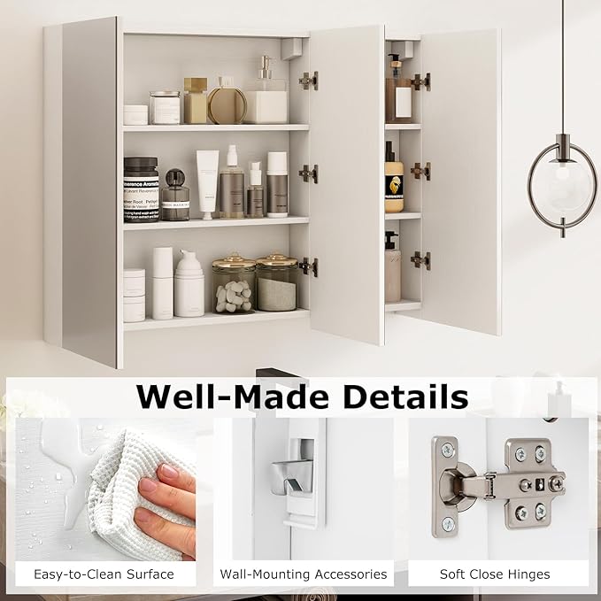 Tangkula Mirrored Medicine Cabinet, Large Wide Wall Mounted Storage Cabinet with 3 Mirror Doors, Hanging Bathroom Organizer, White, 34.5 x 5 x 25.5 Inches