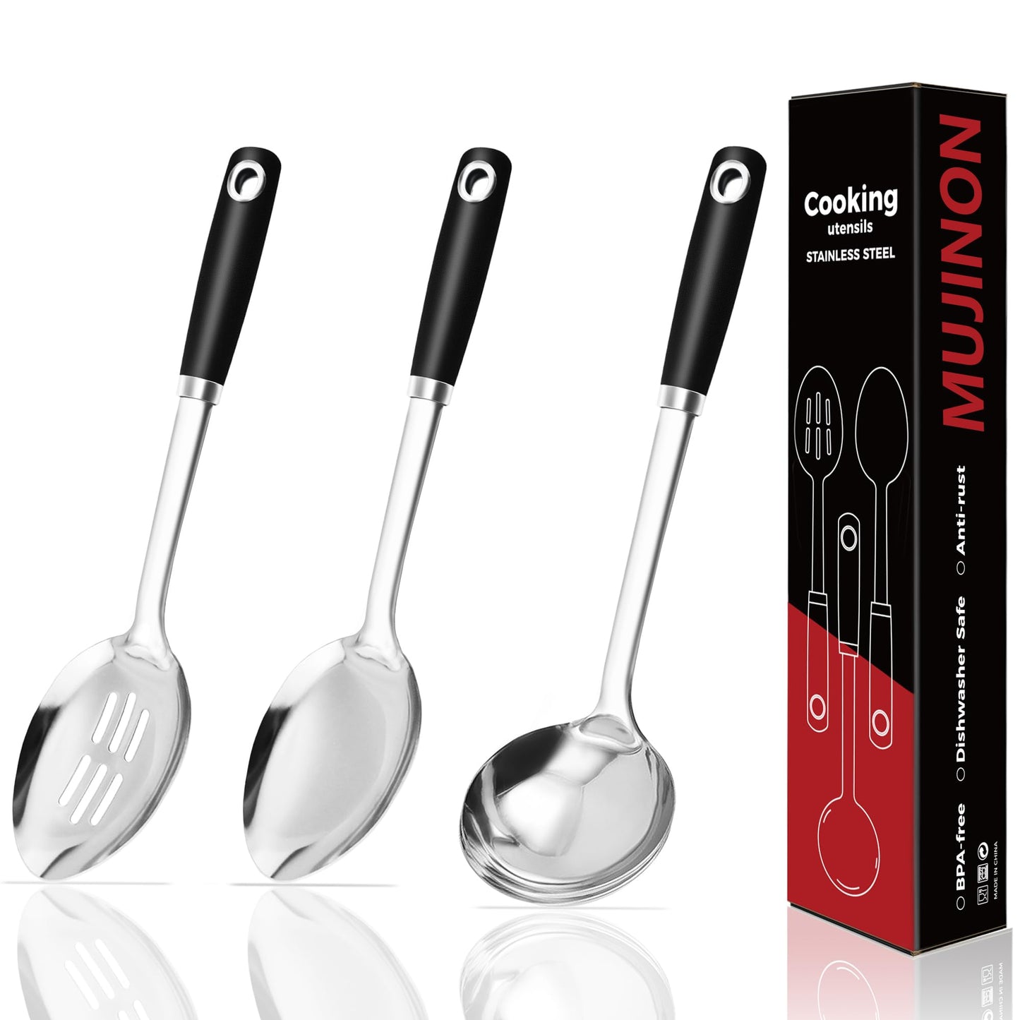 14-in Pink Cooking Spoons Set, Heavy Duty 18/0 Stainless Steel Large Serving Spoons Set, Slotted Spoon, Cooking Spoon & Soup Ladle, Commercial and Residential Use, Pack of 3