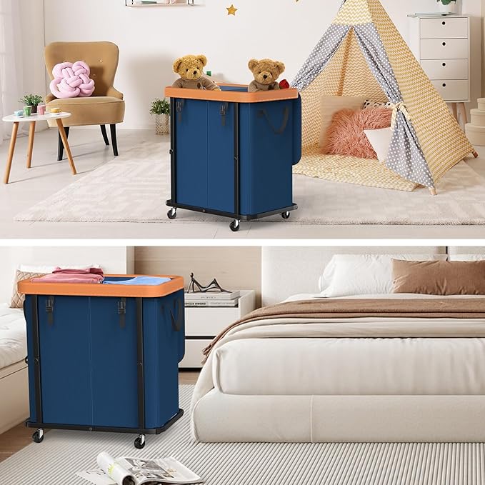 190L (50 Gal) Large Fashion Laundry Basket with Wheels, Leather Patchwork Rolling Hamper Carts, Sturdy Metal Frame, Removable Washable Bag, Tall Clothes Sorter for Bedroom, Laundry Room - Navy Blue