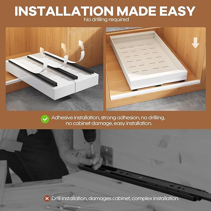 4 Pack Expandable Width (9"-14.1") Pull Out Cabinet Organizer 21" Deep with Raising Pad for Framed Cabinets, Upgrade 3 Slide Rails Slide Out Drawers, Roll Out Shelves Adhesive, White