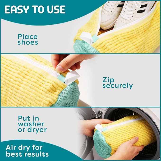Shoe Washing Machine Bag - 2pcs - Laundry Shoe Bag for Washer and Dryer - 2pc Reusable Sneaker Cleaning Sack for All type of Tennis - Reinforced Zipper, 360° Deep Cleaning (Yellow)