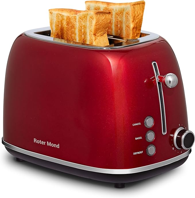 Roter Mond 2 Slice Toaster Retro Stainless Steel with Bagel, Cancel, and Defrost Functions, 6 Bread Shade Settings, Extra Wide Slots and Removable Crumb Tray, Green