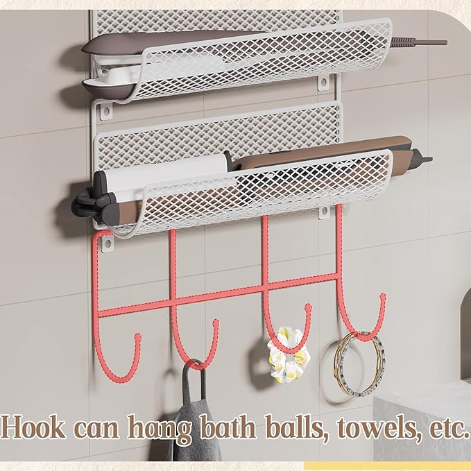 Wall-Mounted Hair Dryer Holder Styling Tool Organizer 4-Shelf Storage Wire Basket with Hook Heat Safe Rack for Hair-Straighteners,Curling Wands,Flat Iron,Cabinet Door Bathroom Kitchen White