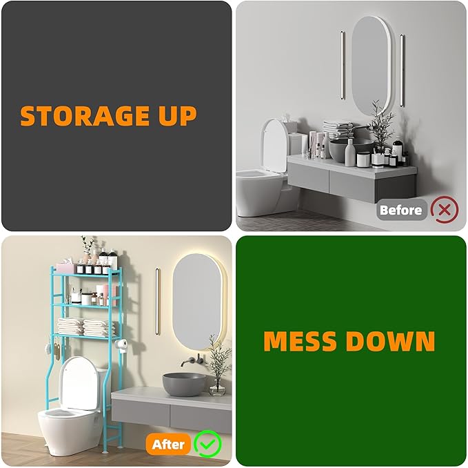 3-Tier Over The Toilet Storage, Space Saver Metal Bathroom Shelves, Freestanding Above Over Toilet Storage Shelf with 4 Hooks for Bathroom, Blue