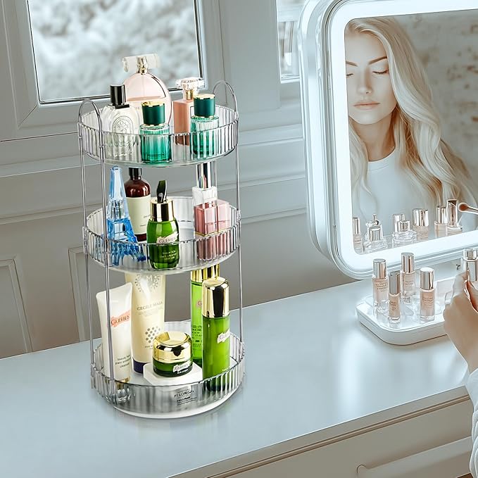360 Rotating Makeup Organizer, 3 Tier Large Capacity Lazy Susan Bathroom Counter Organizer, Skincare Organizers, Spinning Perfume Organizer & Vanity Organizer Countertop (Classic Grey, 3 Tier)