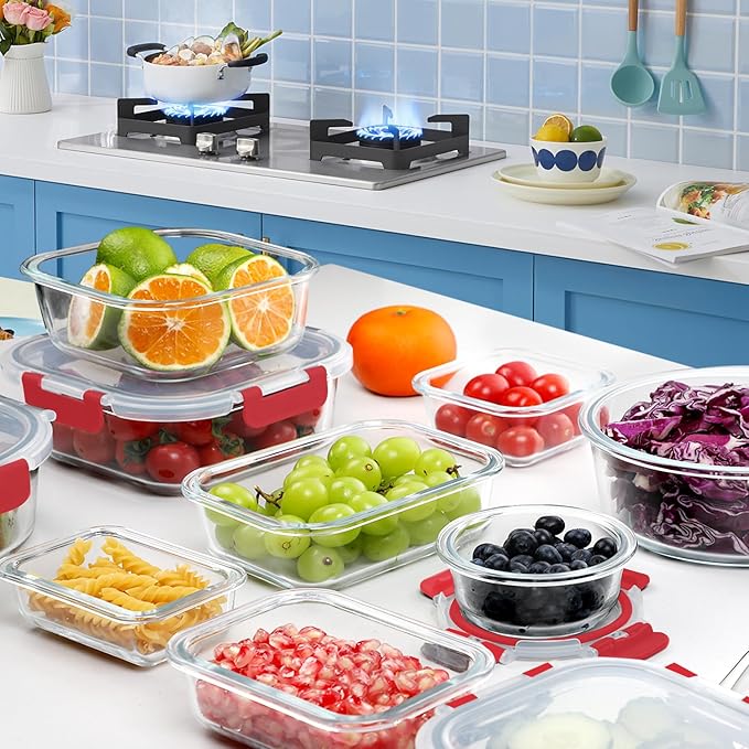VERONES 30 Pieces Glass Meal Prep Containers Set, Stackable Glass Food Storage Containers with Lids-Airtight Lunch Containers,for Microwave, Oven, Freezer & Dishwasher,Red