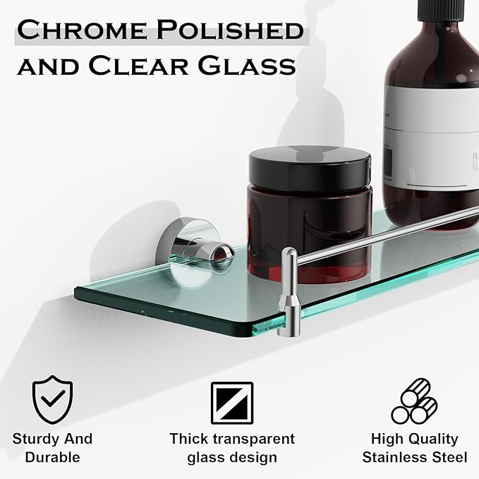 24 Inch Glass Bathroom Shelves,Chrome Polished Floating Shelves for Wall Rectangular Modern Stainless Steel Glass Shelf for Bathroom Shelves Wall Mounted