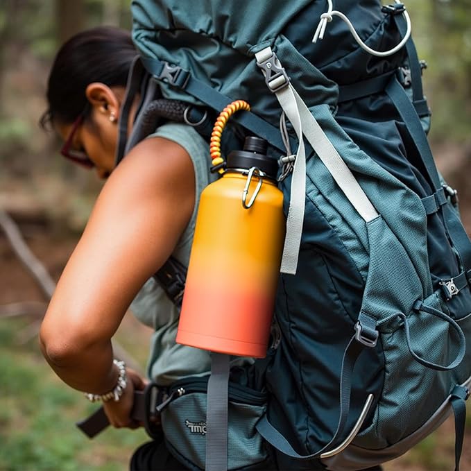 Gallon Water Bottle with 2 Lids (Straw & Spout), 304 Stainless Steel Water Jug with Handle and Wide Mouth, 1 Gallon Vacuum Double Walled Jug for Sports, Outdoors, Yellow&Orange 128 oz