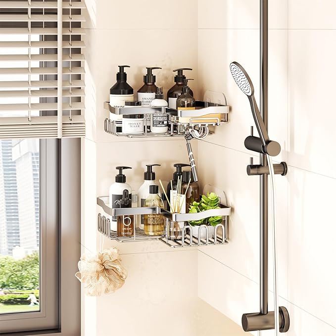 SWTYMIKI Shower Caddy Corner with Soap Holder, 2-Tier Stainless Steel Corner Shower Organizer with 11 Hooks, No Drilling & 6 Strong Adhesives Bathroom Shelf Organizer, Silver - 2 Tier