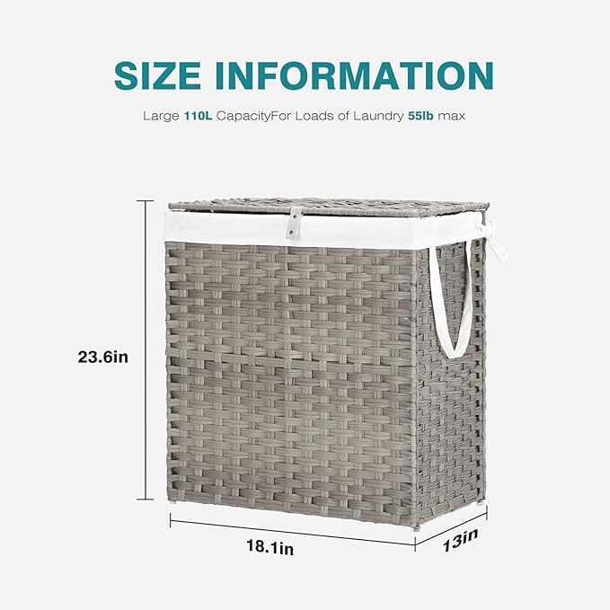 DUMOS Wicker Laundry Basket with Lid, 29.6 Gallon (112L) Woven Laundry Hamper with Handles, Foldable Rattan Clothes Hamper with Removable Liner & Sturdy Steel Frame, Dove Gray