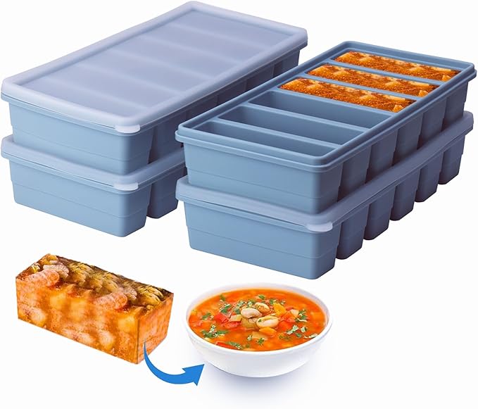 1/2 Cup Silicone Freezer Tray With Lid - Silicone Freezer Molds 2-Pack For meal prep & freezing of various sauces and other dishes, makes 12 perfect 1/2 cup portions cube (Blue 2 Pack)
