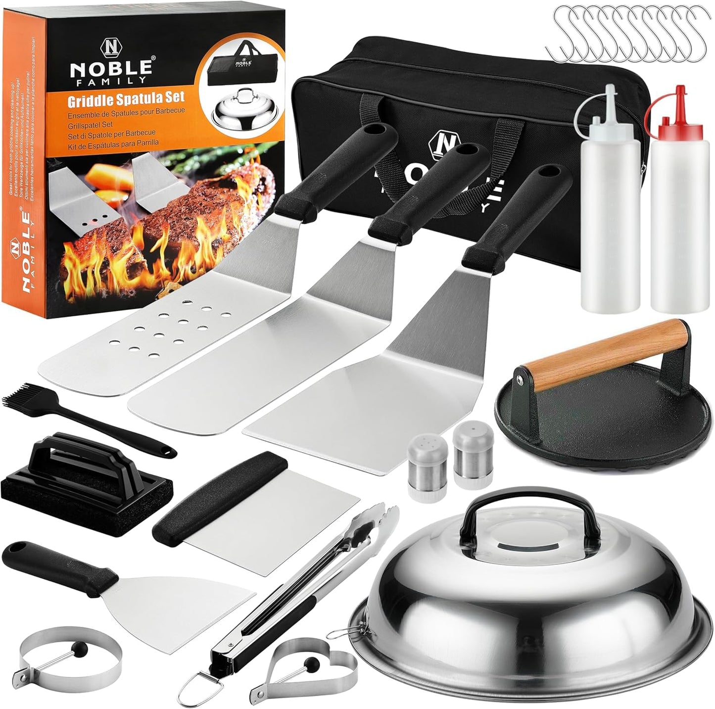 N NOBLE FAMILY 27 PCS Griddle Accessories Kit, Flat Top Grill Accessories Set for Camping, Professional Griddle Spatula Set with Melting Dome, Burger Press for Outdoor BBQ Teppanyaki