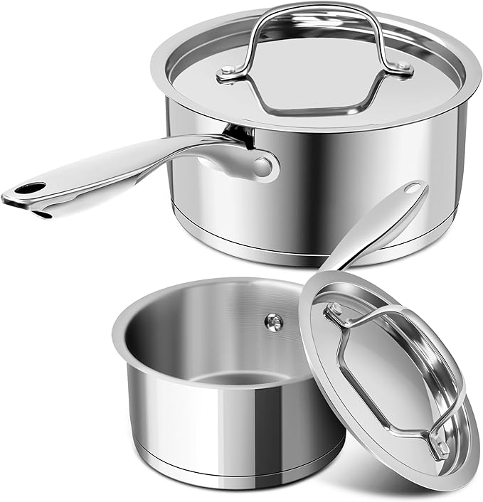 MICHELANGELO Stainless Steel Saucepan Set with Lids, 1QT & 2QT Small Sauce Pans, 304 Stainless Steel Sauce Pot Set with Tri-Ply Base, Induction Compatible, Dishwasher Safe, for Milk, Sauce, Soup