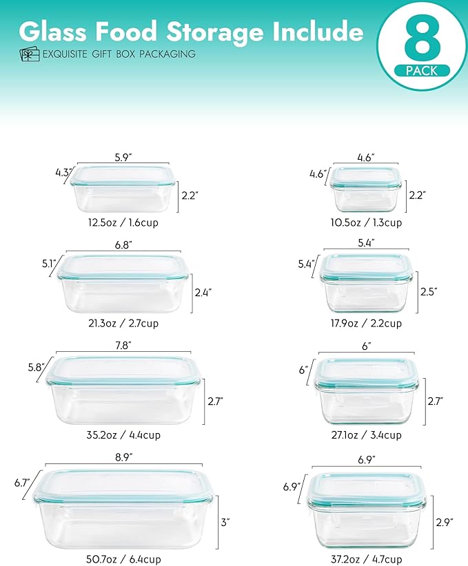 8-Piece Borosilicate Glass Food Storage Containers Set with Airtight Lids – Oven, Microwave & Freezer Safe, Leak-Proof, BPA-Free – Baking, Meal Prep & Gift Box