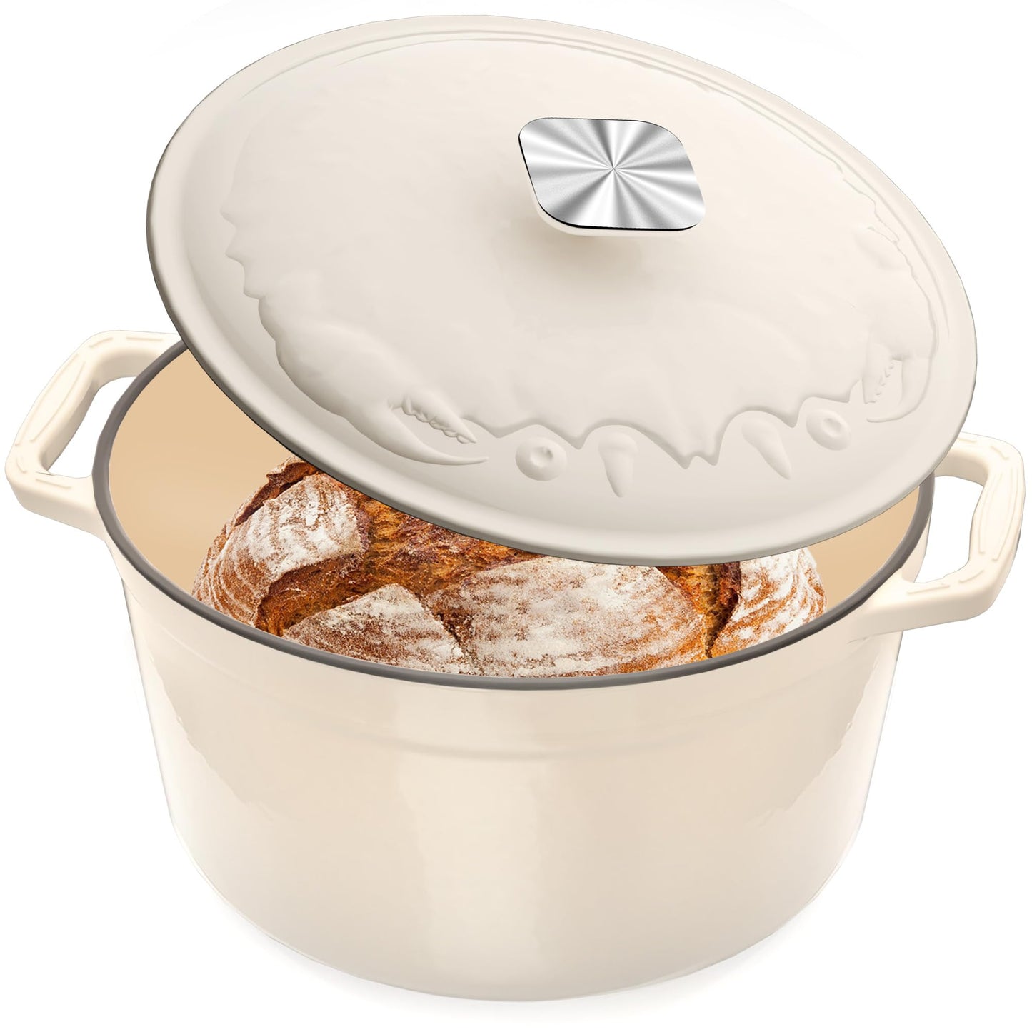 DUTZUN Enameled Cast Iron Dutch Oven - 5 Quart, Crab Lid (Patented), Oversized Knob, for Bread Baking Braiser, Cooking Stock Pot - Red