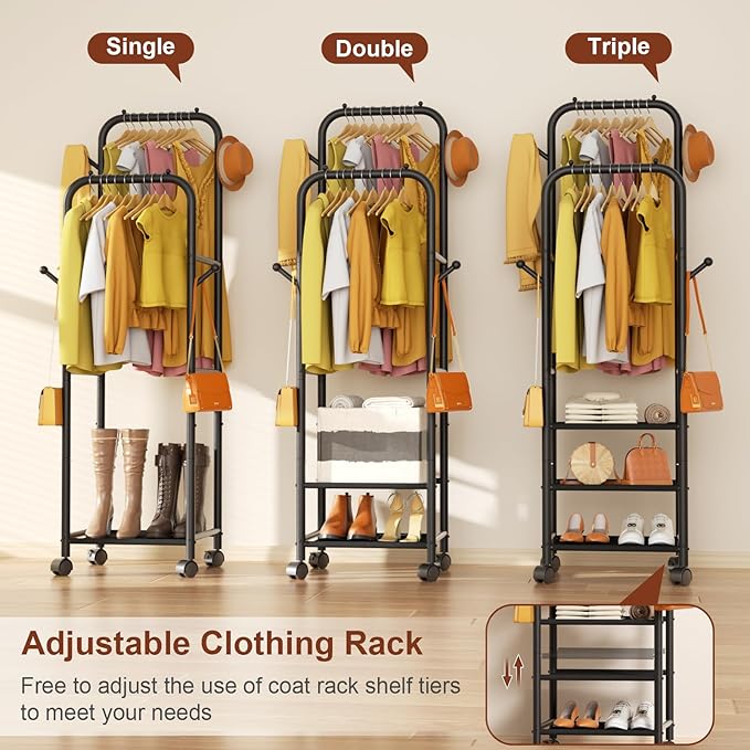 Furologee Rolling Clothing Racks for Hanging Clothes, Double Rods Clothes Rack With Wheels, Sturdy Coat Racks,Portable Metal Garment Rack for Bedroom Laundry Living Room, Black