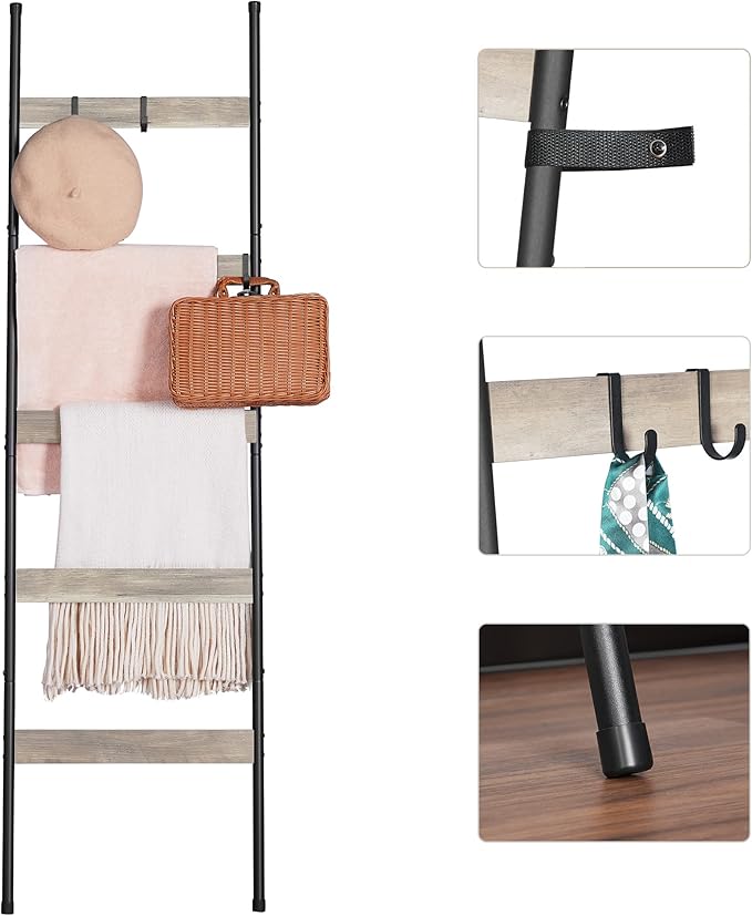 ELYKEN Blanket Ladder for Living Room, Farmhouse 5-Tier Quilt Holder with 4 Removable Hooks for Bathroom, Wood Towel Rack Display, Wall Anchor Leaning Decorative Stand for Home, White Oak