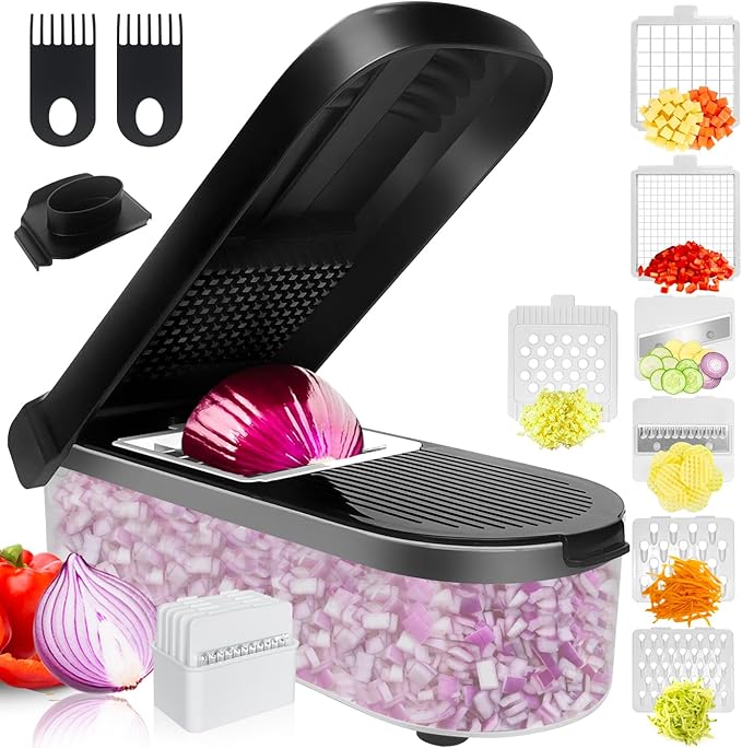 LHS Multifunctional Food Chopper - Onion, Vegetable Slicer Dicer Cutter, Potato Cutter - Veggie Chopper with Container (4 in 1, Black)