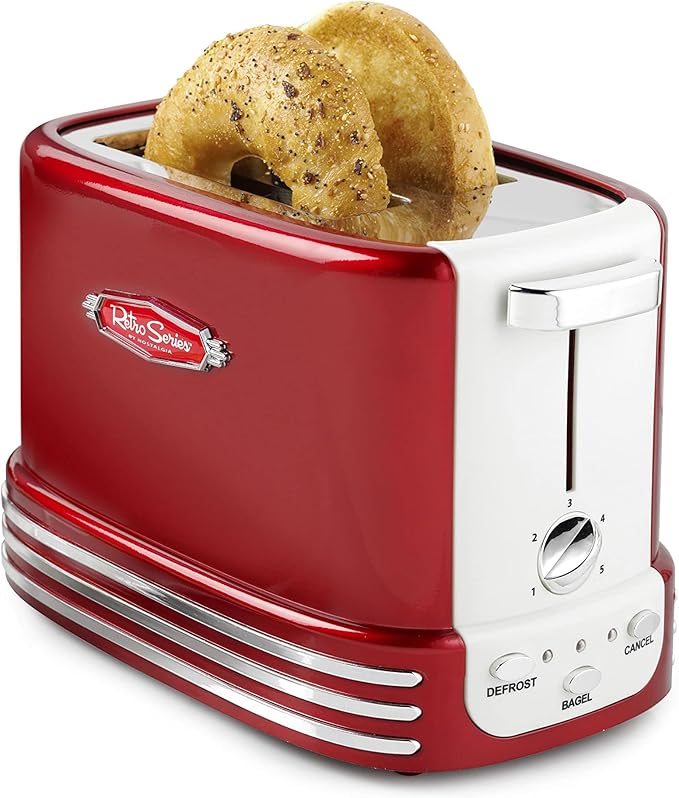 Nostalgia Retro Wide 2-Slice Toaster, Vintage Design With Crumb Tray, Cord Storage & 5 Toasting Levels, Pink