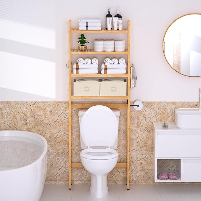 Over The Toilet Storage with 2 Baskets, 4-Tier Bamboo Organizer Rack with Paper Holder & 4 Hooks & Waterproof Feet Pad,Freestanding Shelf for Bathroom(Natural)