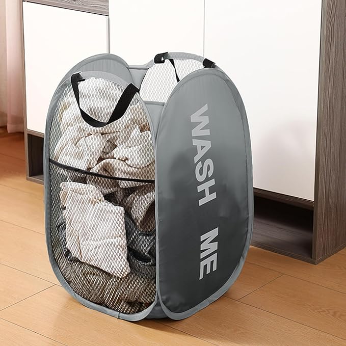 Pack of 2 Mesh Pop Up Hampers Collapsible Laundry Baskets for Dirty Clothes Storage With Side Pocket for Students, College Dorm, Apartment (Grey+Pink)