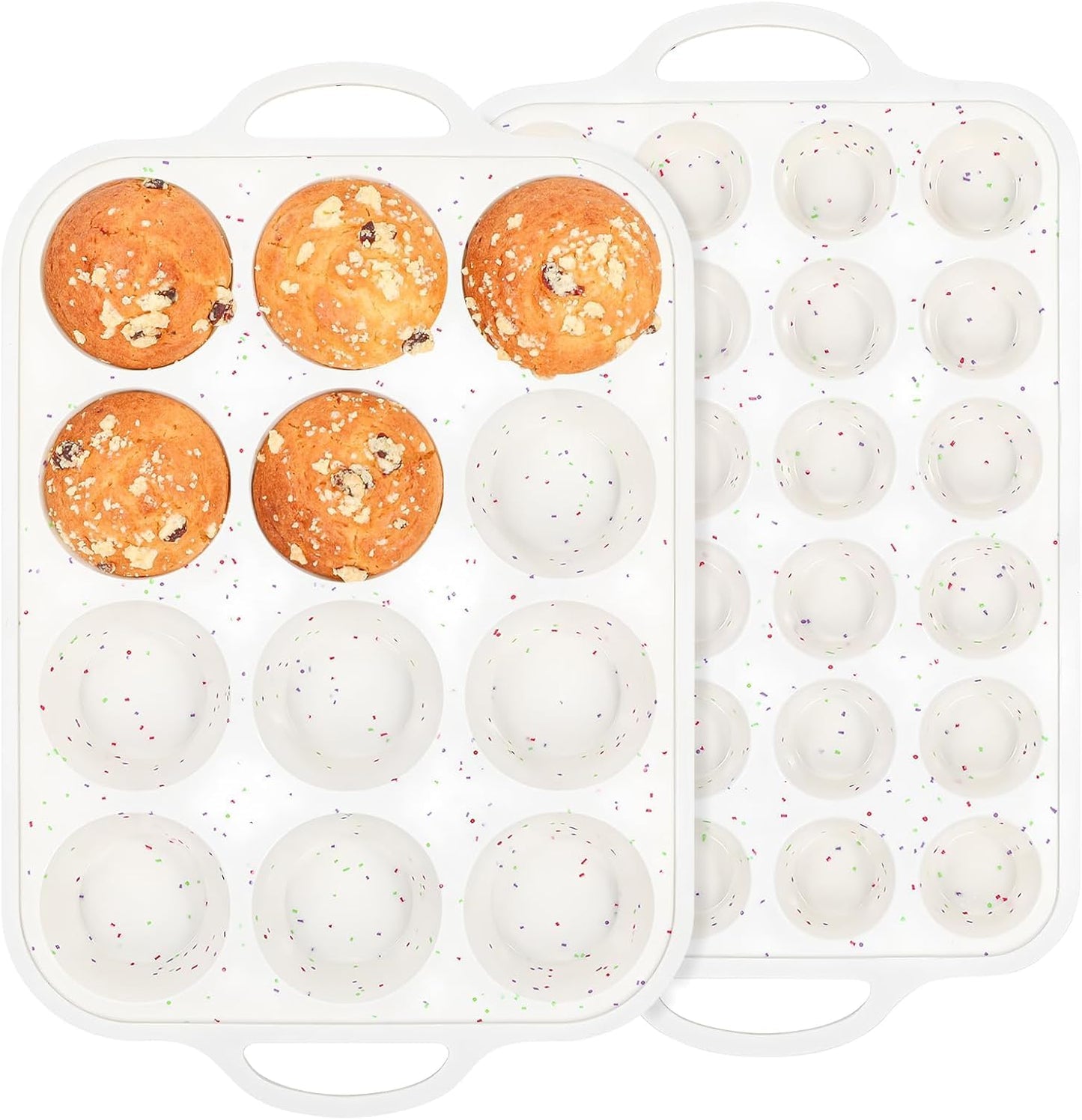 Fimary Silicone Muffin Pans With Metal Reinforced Frame - 24 Cups Durable Silicone Baking Pan for Muffins, Cupcakes, BPA Free and Dishwasher Safe - Beige with Rainbow Spots, Set of 2
