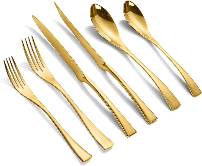 Lemeya 24-Pieces Black Silverware Set with Steak Knives,Heavy Duty 18/10 Stainless Steel Flatware Set for 4,Modern Cutlery with Forged Stand Knives,Mirror Polished,Dishwasher Safe