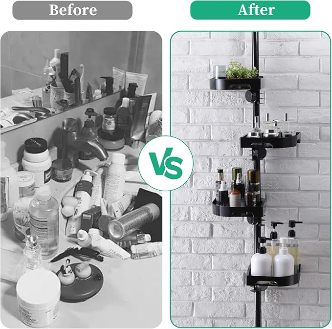 4-Tier Corner Shower Caddy Tension Pole Organizer - Adjustable Rustproof Metal Tension Pole, Plastic Shelves with Safety Guardrail, Bathroom Storage for Shower & Bathtub(Black)