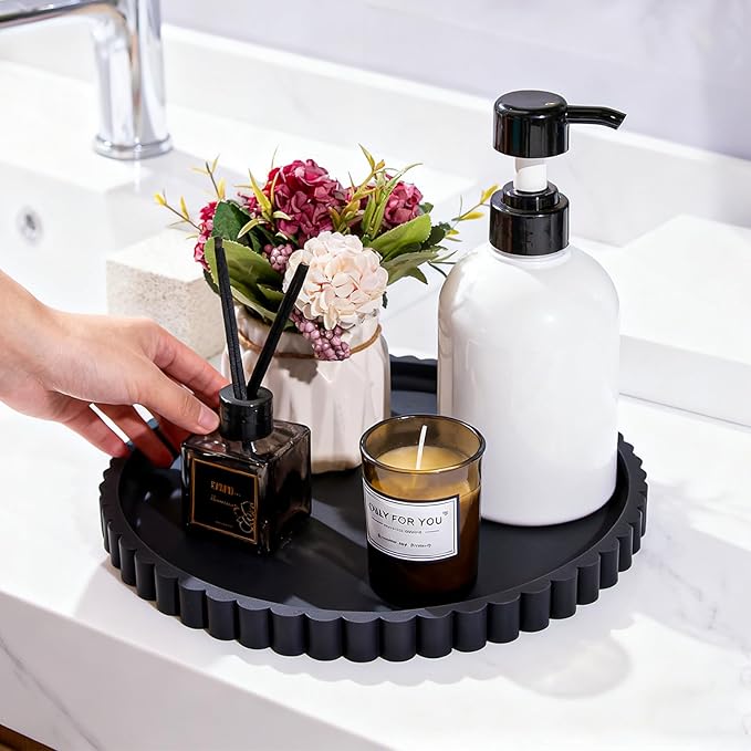 Silicone Bathroom Countertop and Vanity Tray, Round Silicone Bathroom Tray, Modern Bathroom Decor, Coffee Table Decor, Decorative Tray for Candle, Perfume, Plants (Black, 9 inch)