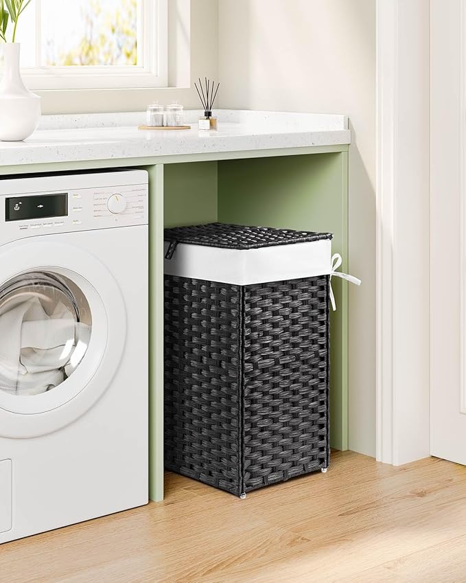 Greenstell Laundry Hamper with Lid, 125L Laundry Basket with 2 Removable Liner Bags & 2 Mesh Bags, Handwoven Synthetic Rattan Clothes Hamper for Clothes, Toys in Bathroom, Bedroom, Foldable, Black
