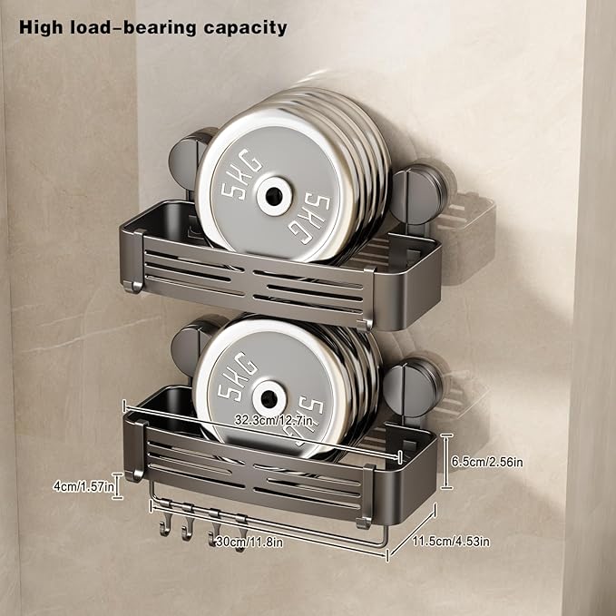 VOLPONE Shower Caddy Suction Cup No Drilling Suction Cup Shower Shelf Aluminum Bathroom Shower Organizer Storage Rack Adhesive with Towel Bar Hooks (2-Pack, Matte Gray)