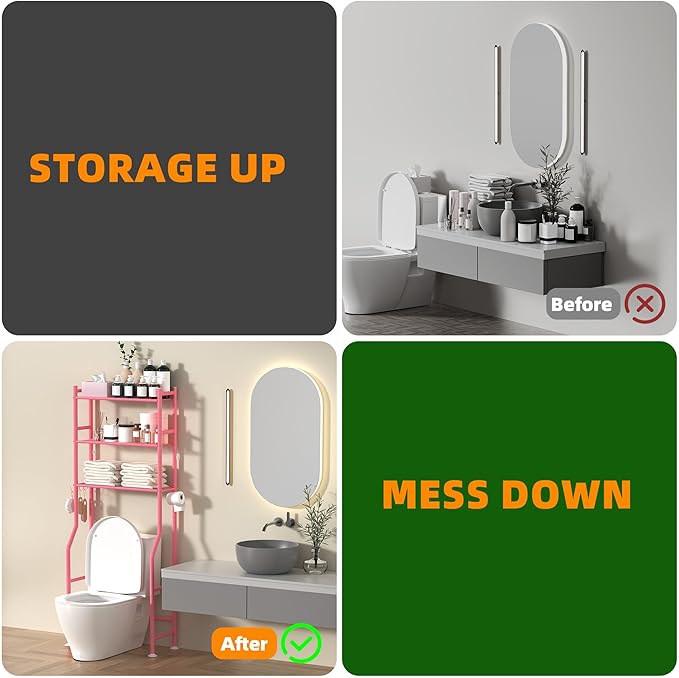 3-Tier Over The Toilet Storage, Space Saver Metal Bathroom Shelves, Freestanding Above Over Toilet Storage Shelf with 4 Hooks for Bathroom, Pink