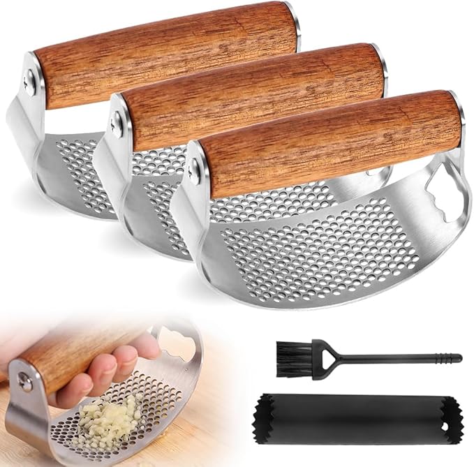 Stainless Steel Garlic Presser, Upgraded Garlic Press Rocker with Peeler and Cleaning Brush, Ergonomic Handle for Cooking Enthusiasts (1 pcs)
