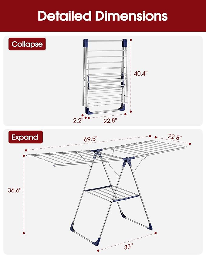 Clothes Drying Rack with Height-Adjustable Wings, Metal Foldable Laundry Dryer Stand for Clothing & Bedding, Free-Standing Collapsible for Indoor & Outdoor Use, 69.5" L × 22.8" W, Silver Blue