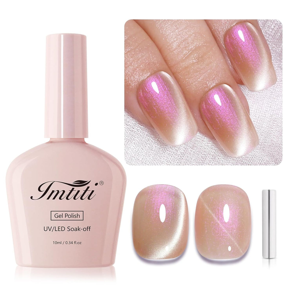 Imtiti Aurora Cat Eye Gel Polish, Pearl Nude Pink Holographic Glitter Magnetic UV Soak Off Gel Nail Polish (0.34 Fl Oz-995)