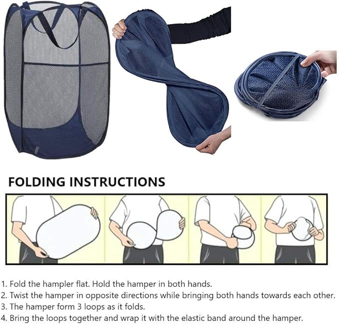 Larpur Popup Mesh Laundry Basket, Collapsible Clothes Washing Laundry Hamper with Reinforced Carry Handles, Portable Foldable Dirty Clothes Hamper for Home Dorm Cruise Travel (Blue)