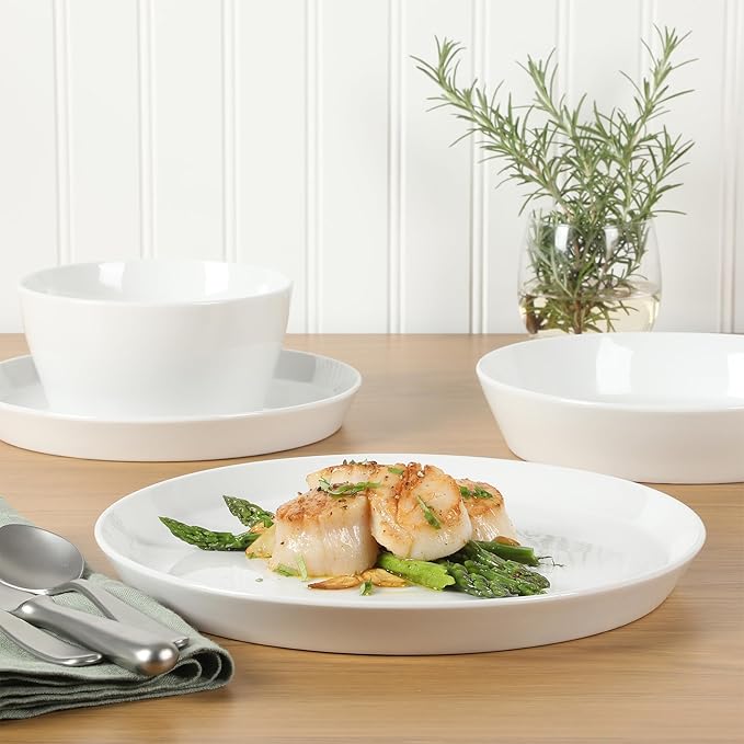 Martha Stewart Selma Chip & Scratch Resistant Dinnerware Set Service for 4 (16pcs) – White Plates and Bowls, Durable Dishwasher and Microwave Safe Dishes Set for Everyday Use