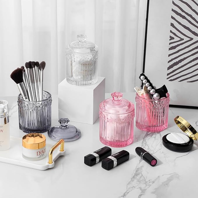 rejomiik 2 Pack Qtip Holder Glass Apothecary Jars with Lids Bathroom Accessories Vanity Organizers and Makeup Storage Canister for Cotton Swabs, Balls, Pads, Floss Picks, Candy, Gray