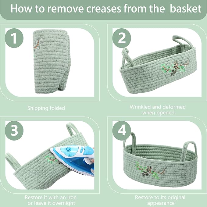 Vesici Eucalyptus Toilet Paper Basket Green Leaves Woven Cotton Rope Basket for Toilet Tank Top Botanical Bathroom Countertop Organizer for Bedroom Nursery Organizing, 13 x 6 x 4 Inch